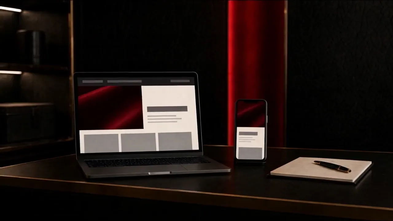 A laptop and a phone on a dark desk, both showing the same website design.