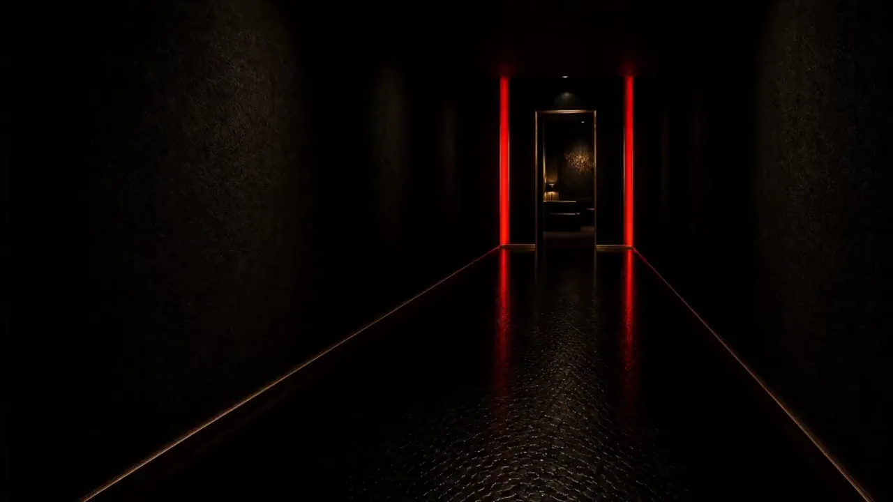 A dark corridor lit by two vertical red panels, a doorway open at the far end.
