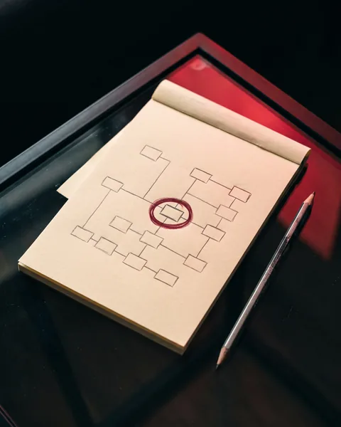 A site map sketched in graphite — empty boxes and lines, one circled in red.