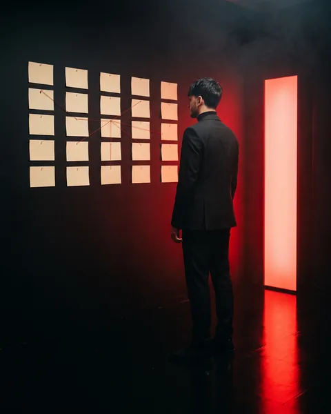Rustam studying a wall of blank cards pinned in columns — the plan of what to build first.