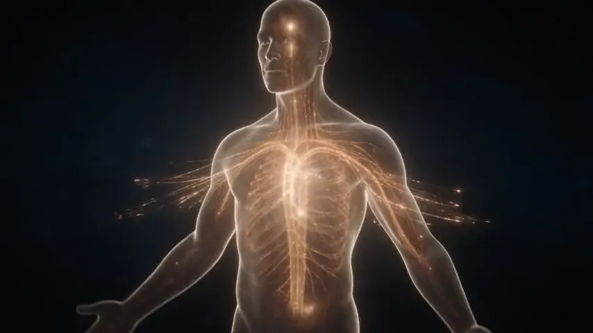 A human figure made of starlight, threads of light spreading from it across a dark sky.