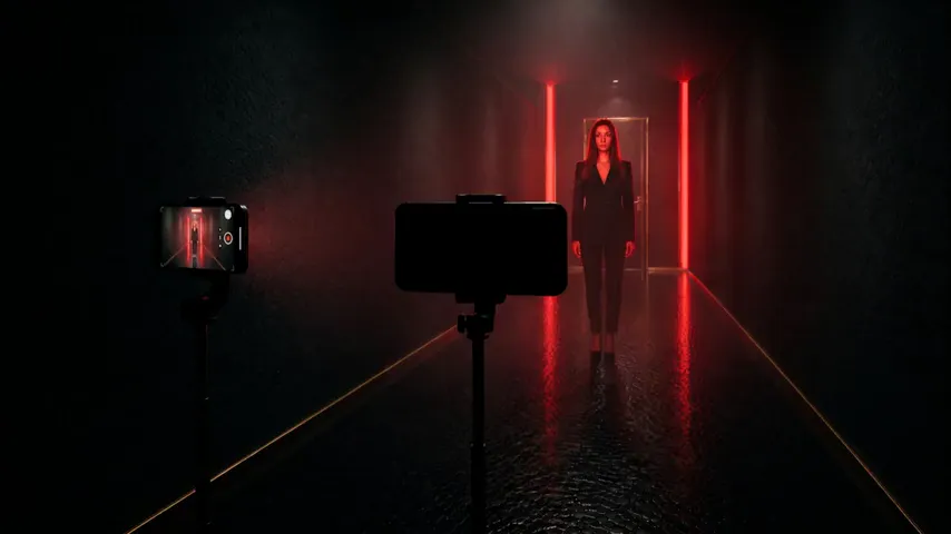 Marija filming at a red portal, a phone on a tripod in the foreground.